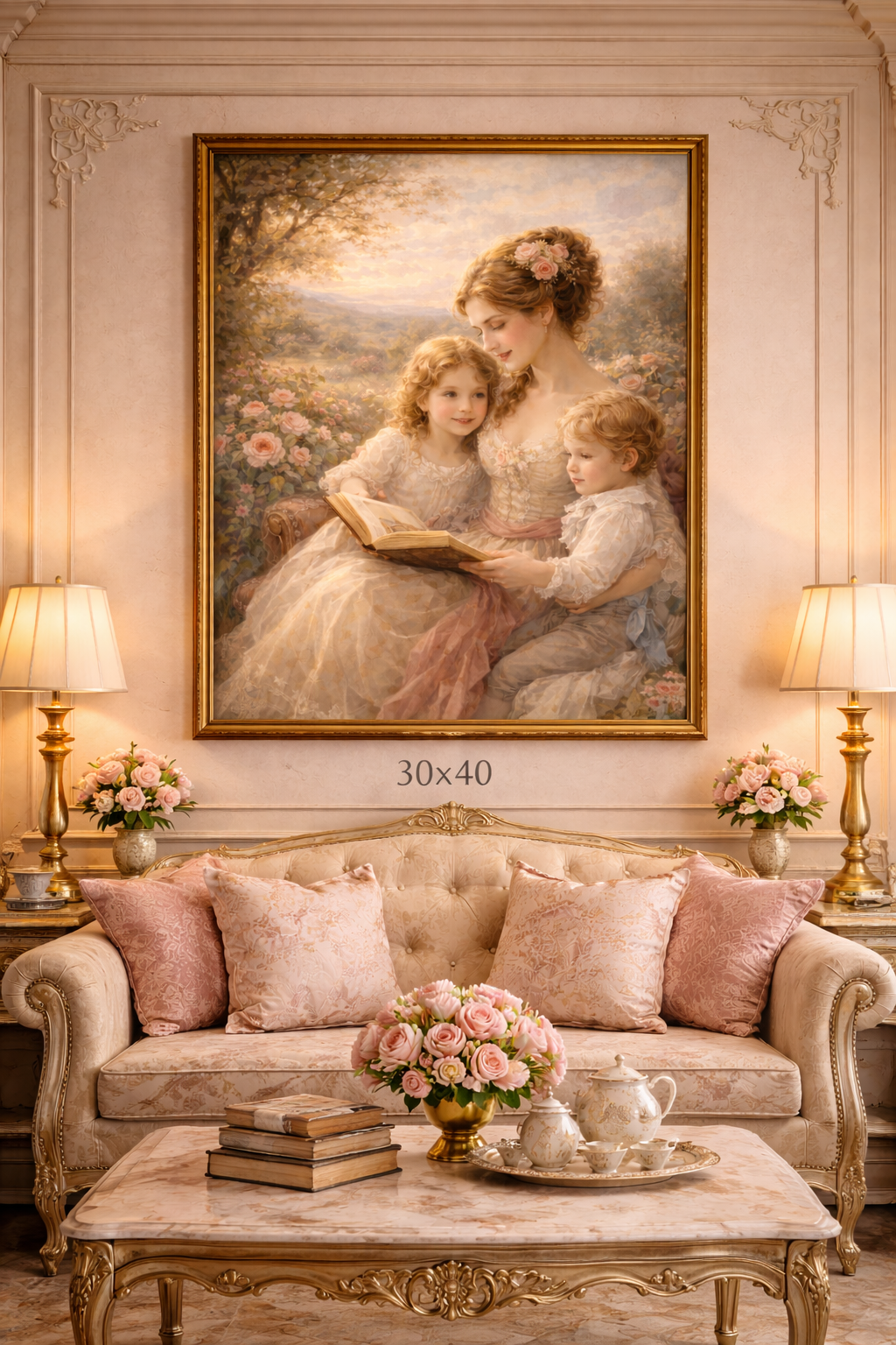 Victorian Pink Mom Reading Children Roses Canvas Wall Art Print, Woman Kids Wall Hanging Decor, Bookish  Bedroom Decor, Gift for Mom