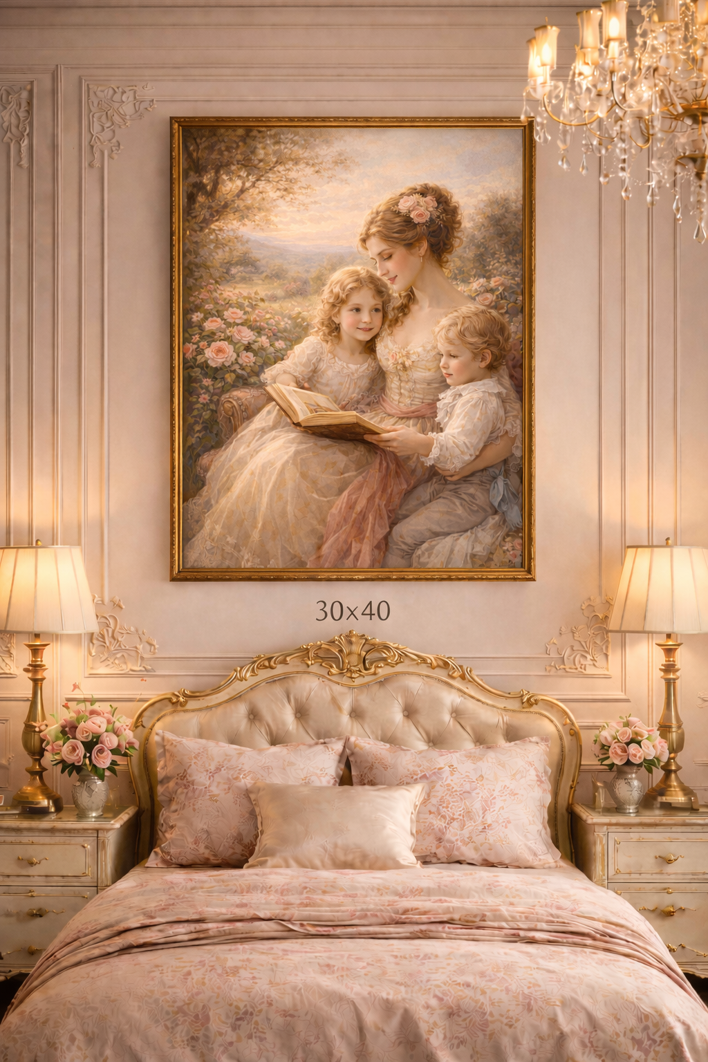 Victorian Pink Mom Reading Children Roses Canvas Wall Art Print, Woman Kids Wall Hanging Decor, Bookish  Bedroom Decor, Gift for Mom