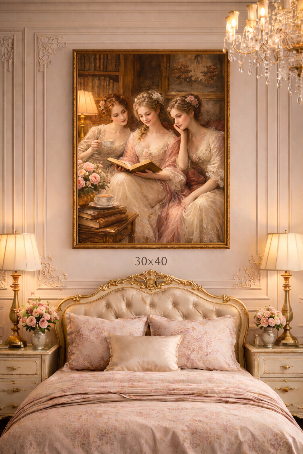 Victorian Pink Ladies Reading Nook Roses Canvas Wall Art Print, Women Wall Hanging Decor, Vintage Bookish Lady, Bedroom Decor, Gift for Her