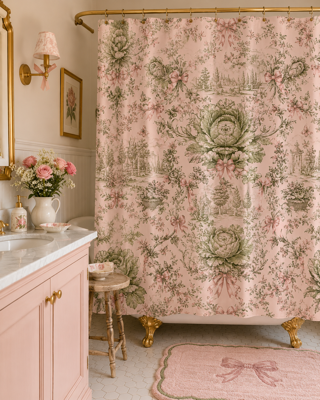 Pink Coquette Cabbage Shower Curtain, French Toile Bathroom Decor, Cottagecore Grandmillennial Bath Curtain, Romantic Botanical Bathroom