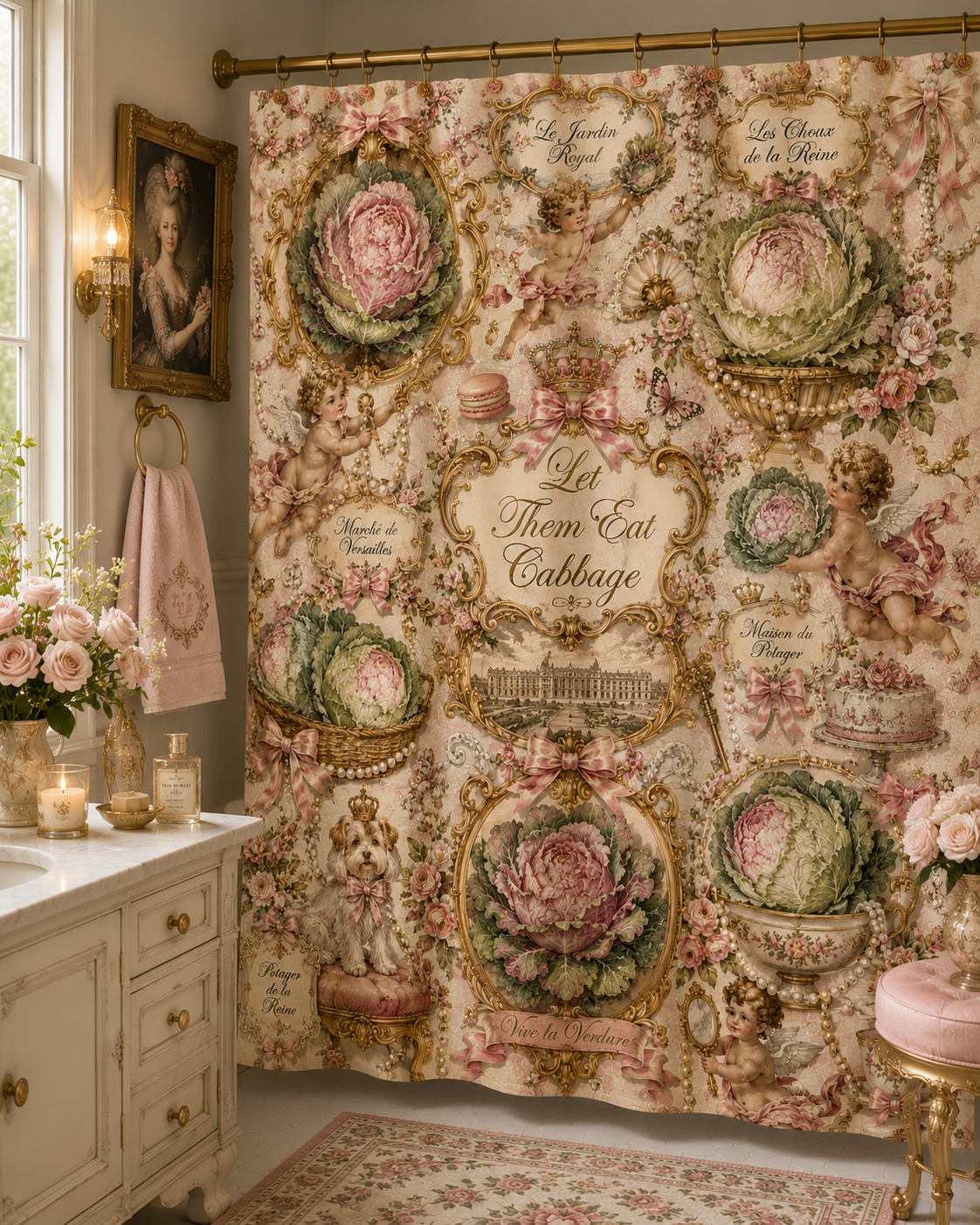 Let Them Eat Cabbage Shower Fabric Curtain | Rococo Coquette Bathroom Decor | Marie Antoinette French Palace Bath | Whimsical Maximalist
