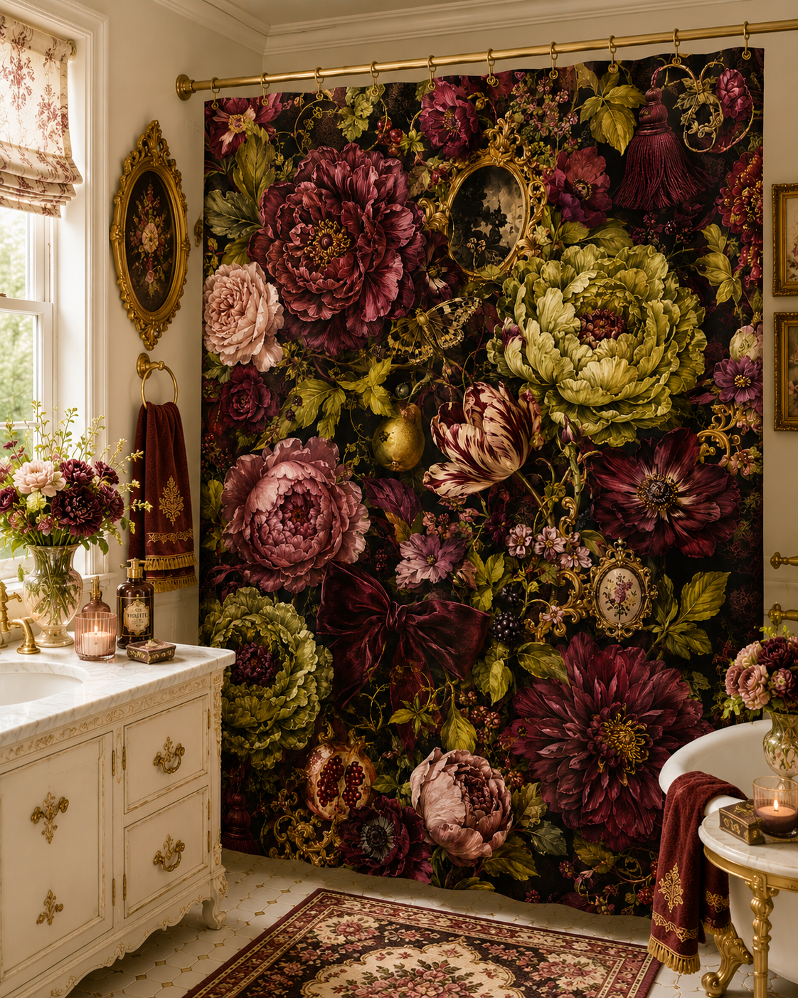 Burgundy Floral Maximalist Fabric Shower Curtain, Moody Botanical Bathroom Decor, Rich Dark Academia Victorian Floral Bath Gift