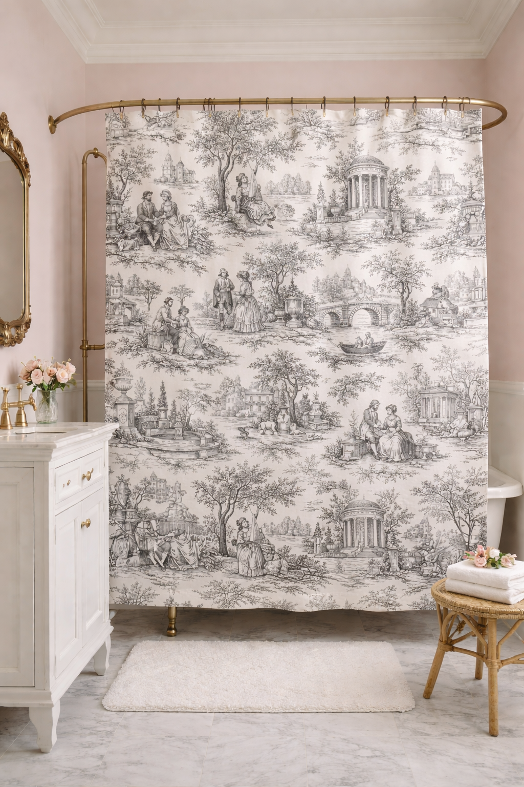 Nickel Gray French Toil de Jouy Shower Curtain, Victorian Bathroom Decor, Vintage Country Cottage, Shabby Chic, Farmhouse, Housewarming Gift