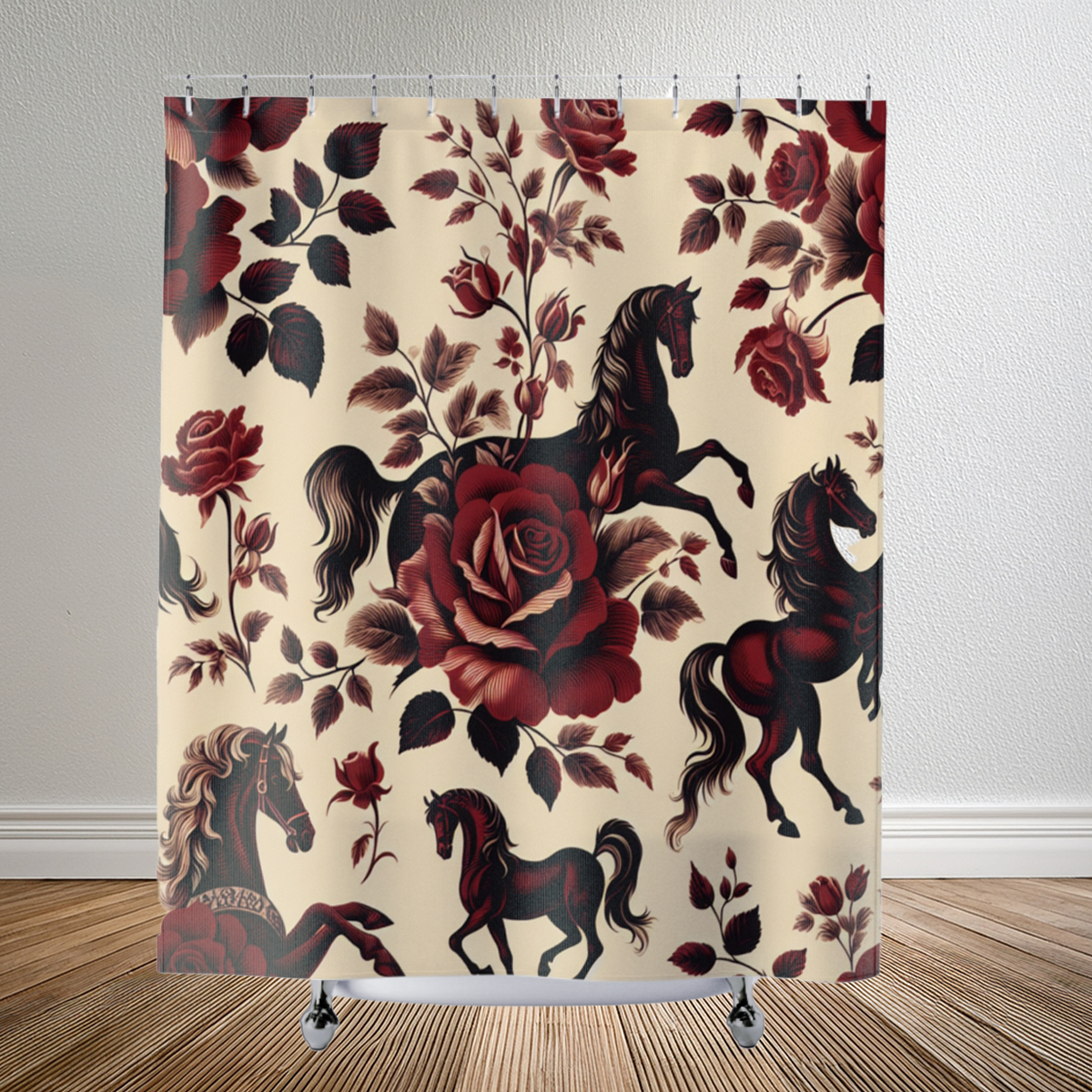 Red Rose Horse French Toil Floral Fabric Shower Curtain, Victorian Bathroom Decor, Vintage Romantic Equestrian Country Shabby Chic