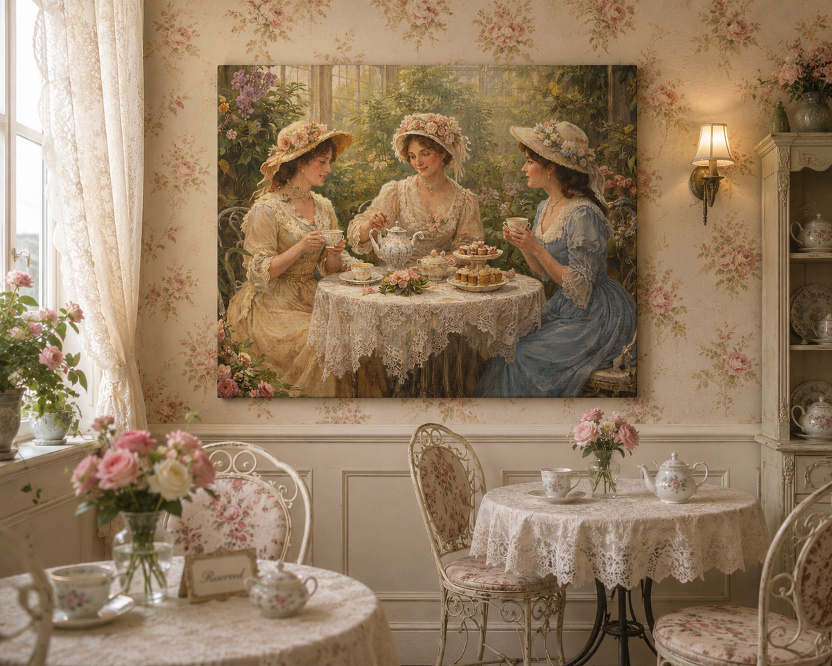 Vintage Ladies Tea Party Canvas Wall Art Print, Feminine Wall Hanging Decor, Victorian 1800's Ladies, Home Decor, Gift for Her, Elegant Art
