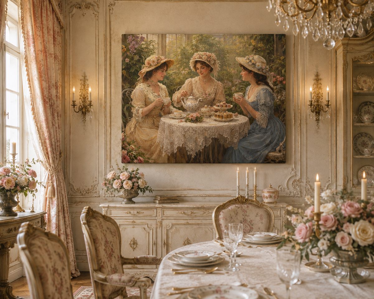 Vintage Ladies Tea Party Canvas Wall Art Print, Feminine Wall Hanging Decor, Victorian 1800's Ladies, Home Decor, Gift for Her, Elegant Art