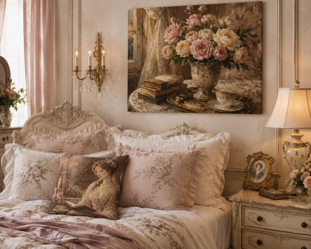 French Country Books Roses Canvas Wall Art Print, Chateaucore Floral Wall Hanging Decor, Victorian Romantic Home Decor, Gift Mom Grandma