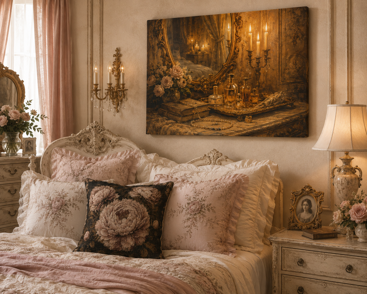 French Country Perfume Vanity Canvas Wall Art Print, Chateaucore Floral Wall Hanging Decor, Victorian Romantic Home Decor, Gift Mom Grandma
