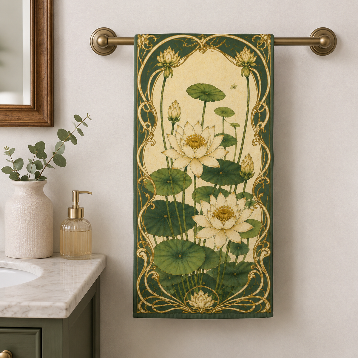 Art Nouveau Water Lily Hand Towel, Vintage Botanical Floral Bathroom Decor, French Country Chateaucore Green Ivory Towel