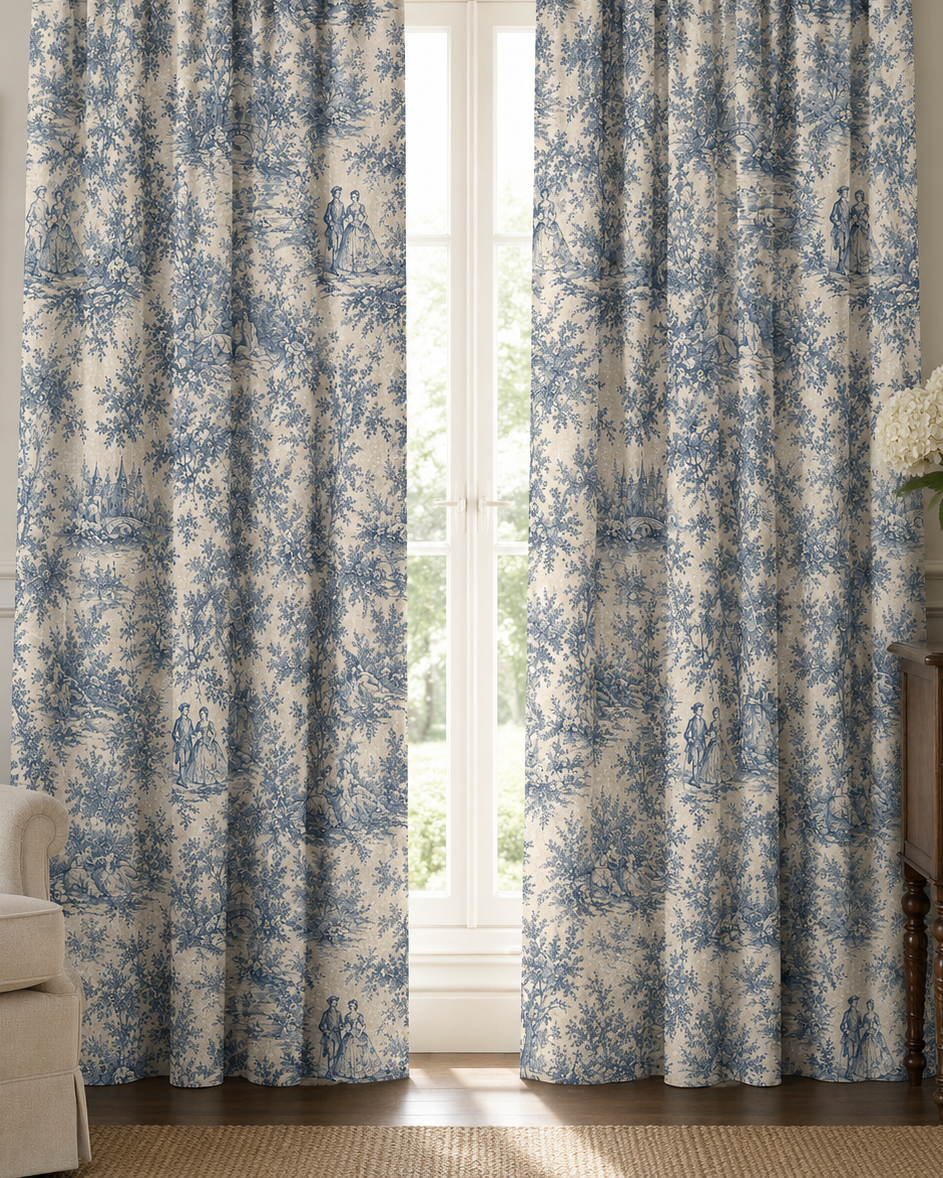 Dusty Blue Toile de Jouy Pattern Long Curtain, Botanical Scenic Vintage Toile Black Out Window Treatment, French Country Shabby Chic Chateaucore