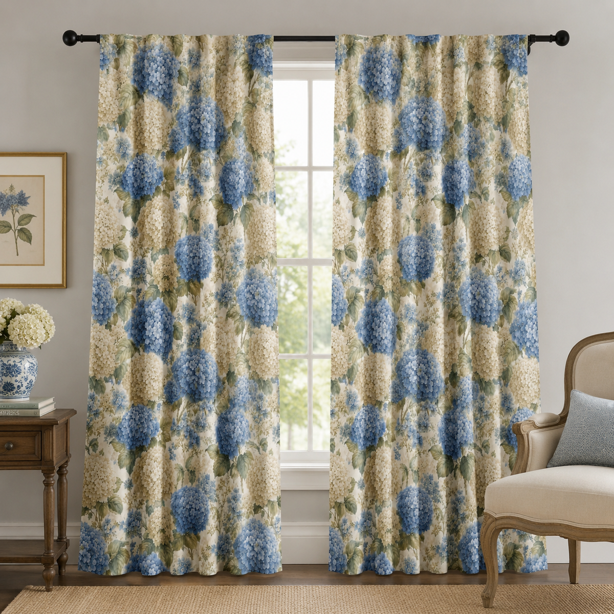 Blue Cream Hydrangea Black Out Long Curtains, French Country Floral Window Panels, Cottagecore Botanical Drapes, Chateaucore Farmhouse Decor