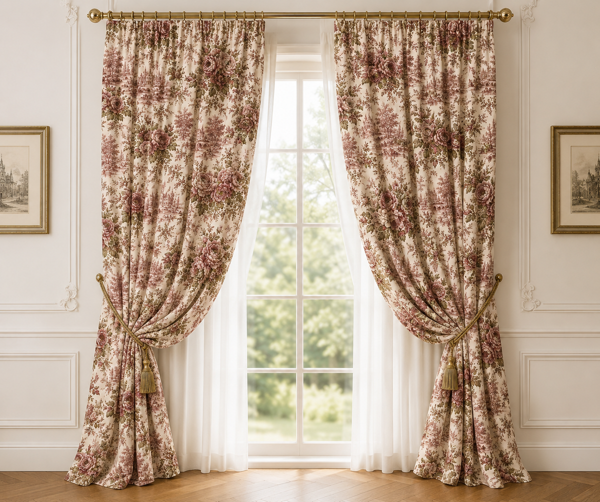Toile de Jouy Floral Long Window Black Out Curtain, Botanical Scenic Vintage Dusty Rose Burgundy Curtain, French Country Shabby Chic Chateaucore