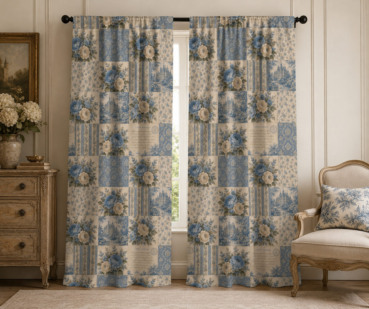 French Country Patchwork Print Blackout Curtains, Blue Toile Floral Drapes Panels, Chateaucore Window Treatment, Cottagecore Decor