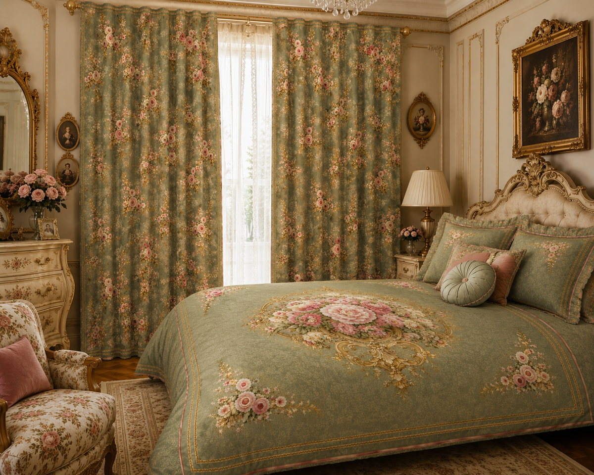 Victorian Sage Gold Pink Floral Rose Pattern Long Black Out Curtains, Chateaucore French Country Green Rose Window Curtains