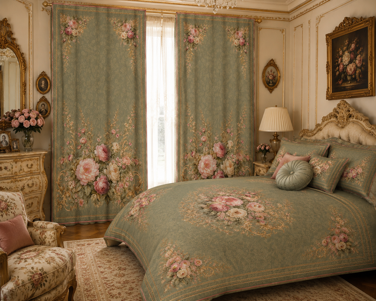 Victorian Sage Gold Pink Floral Rose Pattern Long Black Out Curtains,  Chateaucore French Country  Green Rose Window Curtains