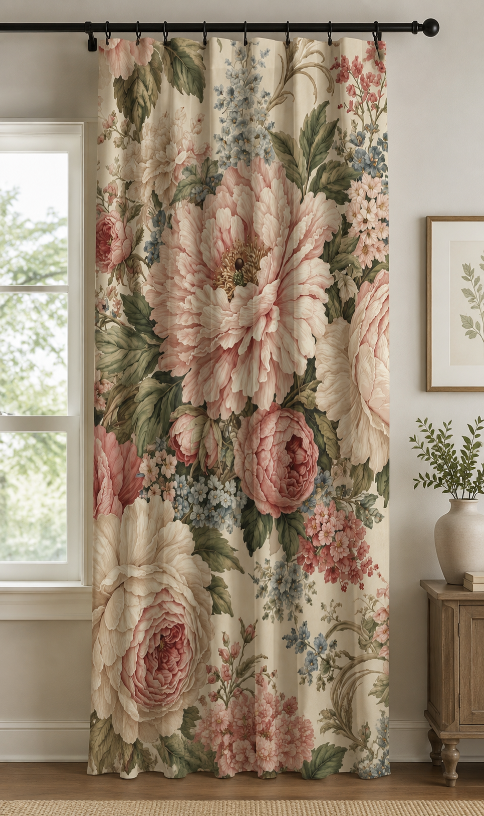 Vintage Blush Pink Peony Floral Blackout Curtain, French Country Botanical Window Drape Panels, Romantic Chateaucore Decor