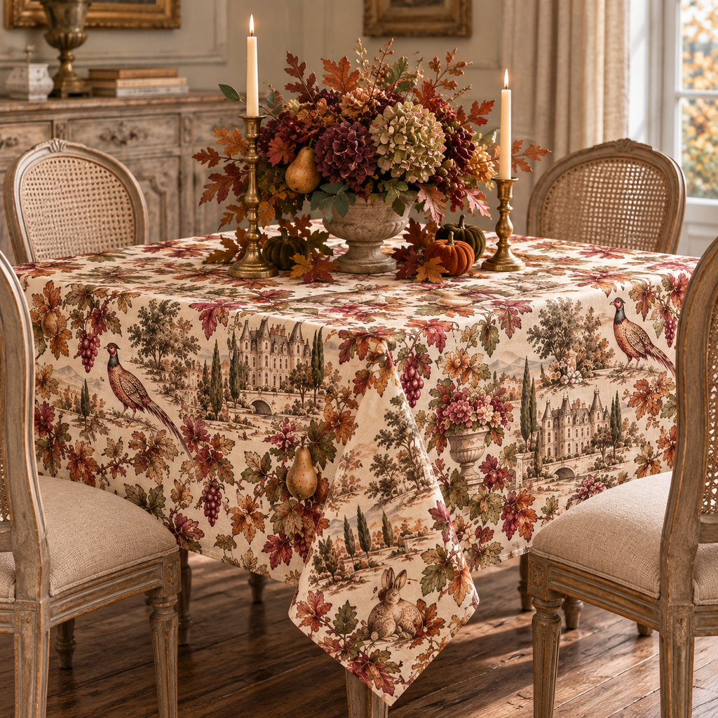 French Harvest Toile Fall Tablecloth – French Country Autumn Dining Table Cover with Pheasants, Châteaux, Grapes & Botanical Leaves – 58 x 108 Inch