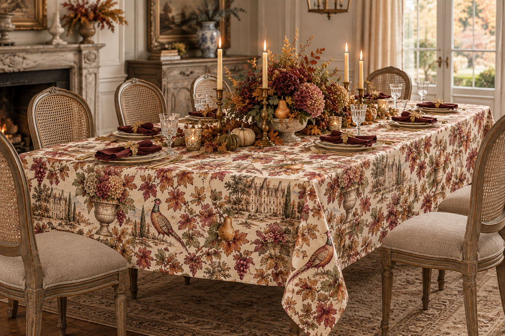French Harvest Toile Fall Tablecloth – French Country Autumn Dining Table Cover with Pheasants, Châteaux, Grapes & Botanical Leaves – 58 x 108 Inch