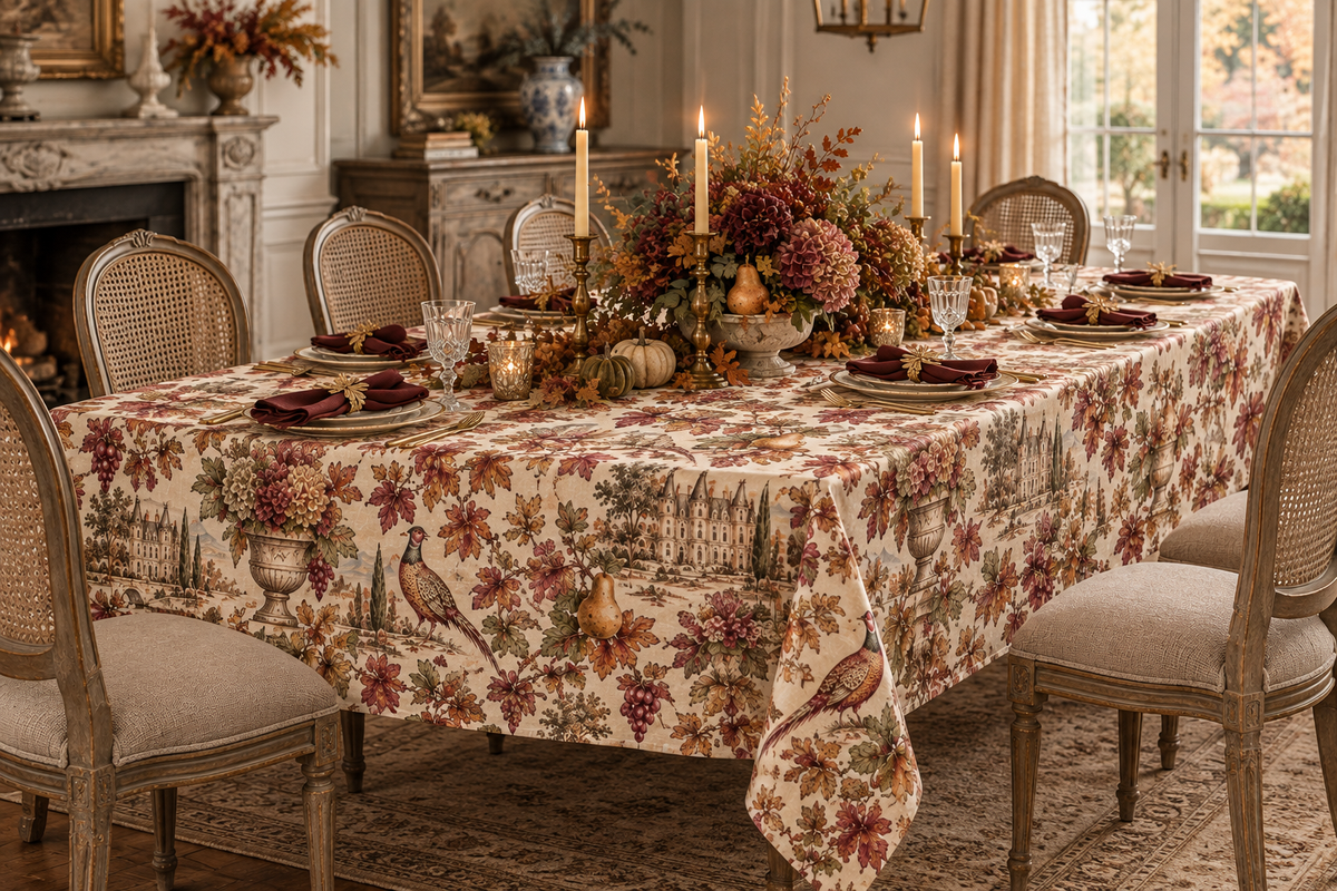 French Harvest Toile Fall Tablecloth – French Country Autumn Dining Table Cover with Pheasants, Châteaux, Grapes & Botanical Leaves – 58 x 108 Inch