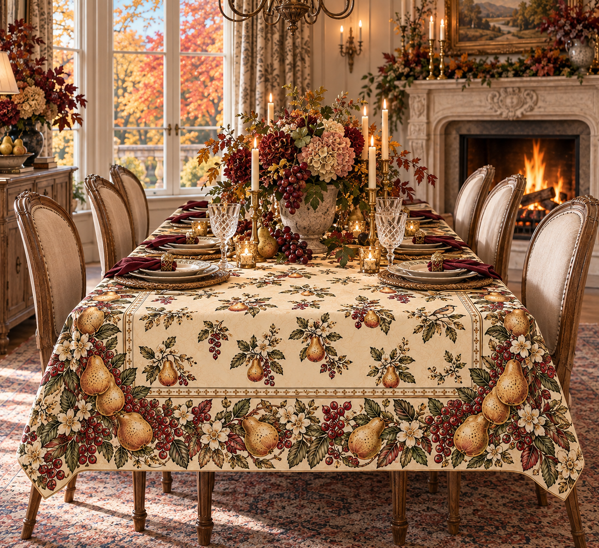 French Pear Orchard Tablecloth Dining Linen Botanical Border with Golden Pears, Victorian Burgundy Berries & Songbirds