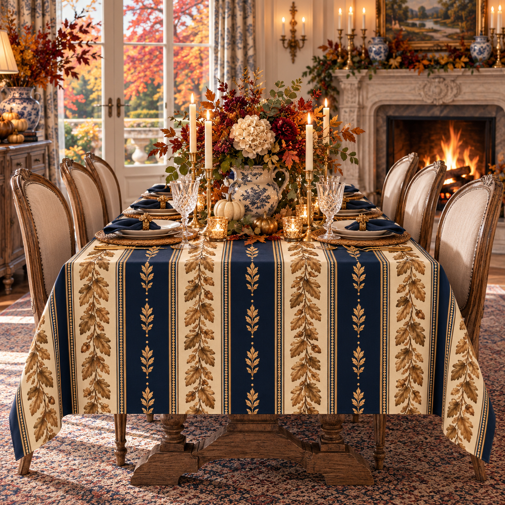 Navy Blue Gold Botanical Stripe Tablecloth, Elegant Autumn Fall Oak Leaf Acorn French Country Table Linen Victorian Dining Decor