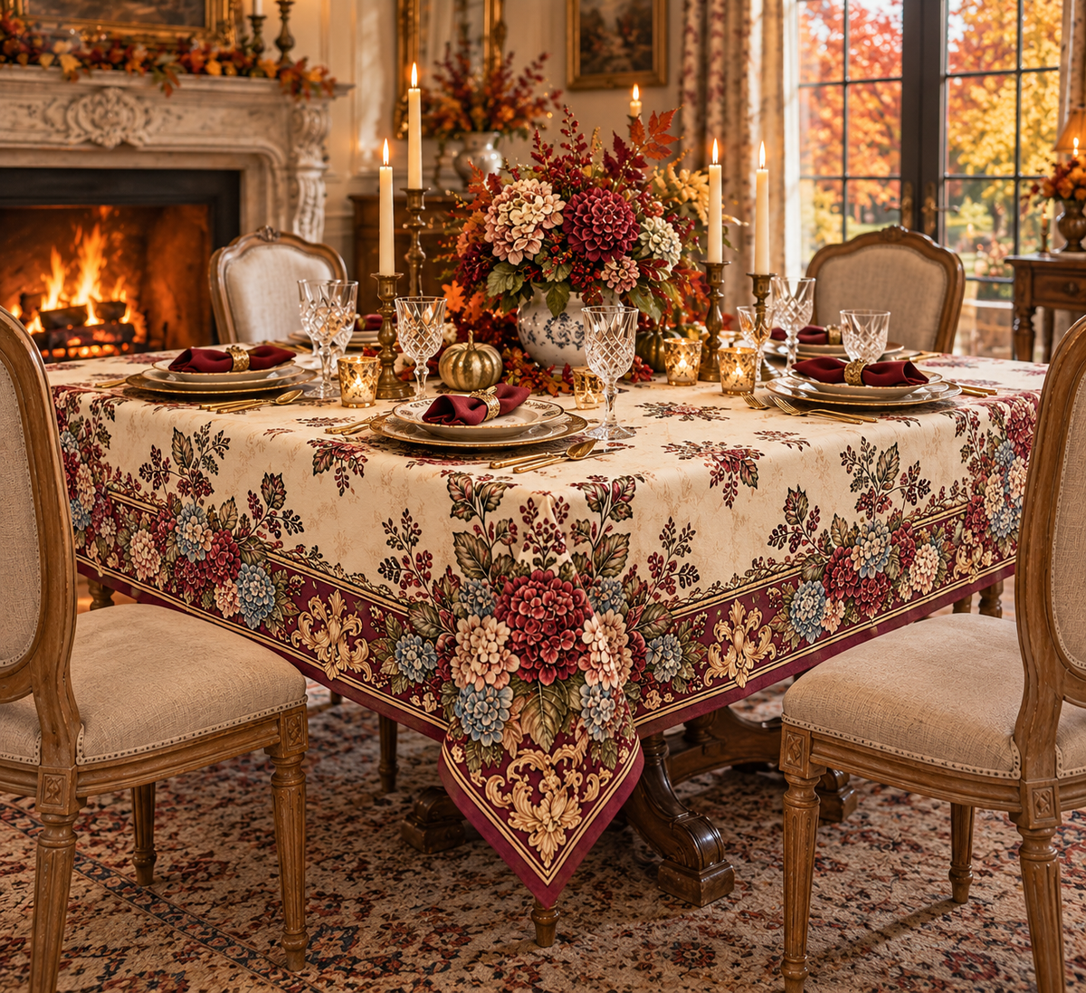 Burgundy Hydrangea Chateau Tablecloth, French Country Floral Border Cream, Blue Wine Red, Fall Autumn Dining Table Linen