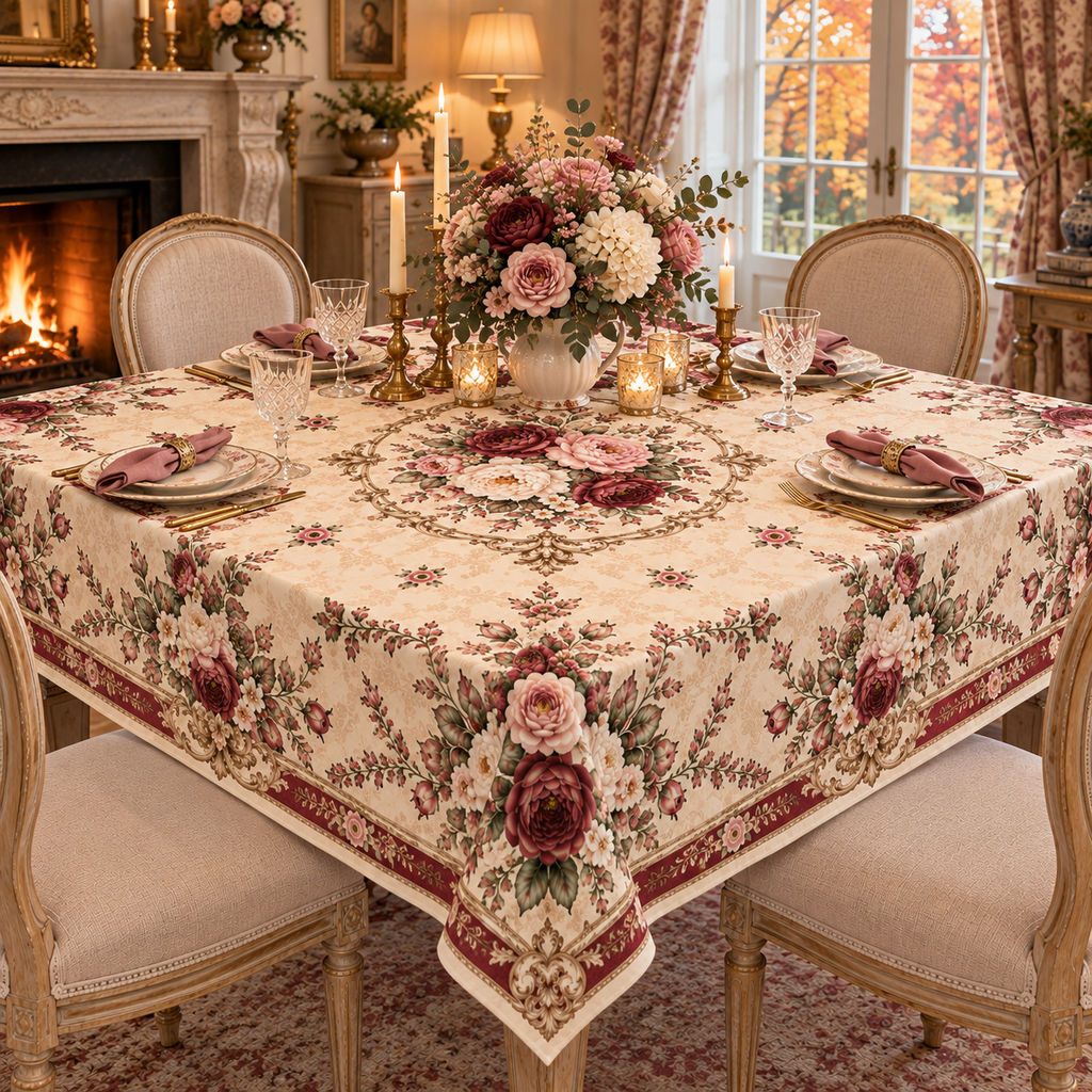Victorian Burgundy Rose Medallion Tablecloth – 100% Cotton Twill, Cream Floral French Country Table Linen, 58x58 or 58x102