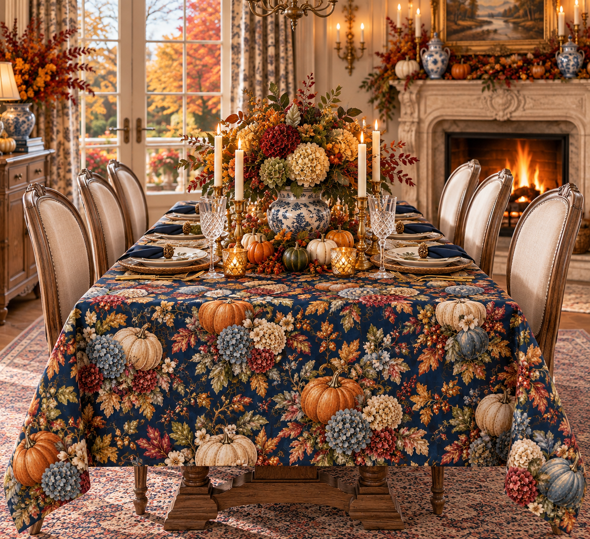 Navy Blue Pumpkin Hydrangea Fall Tablecloth, French Country Table Linen, Autumn Floral Harvest Dining Decor