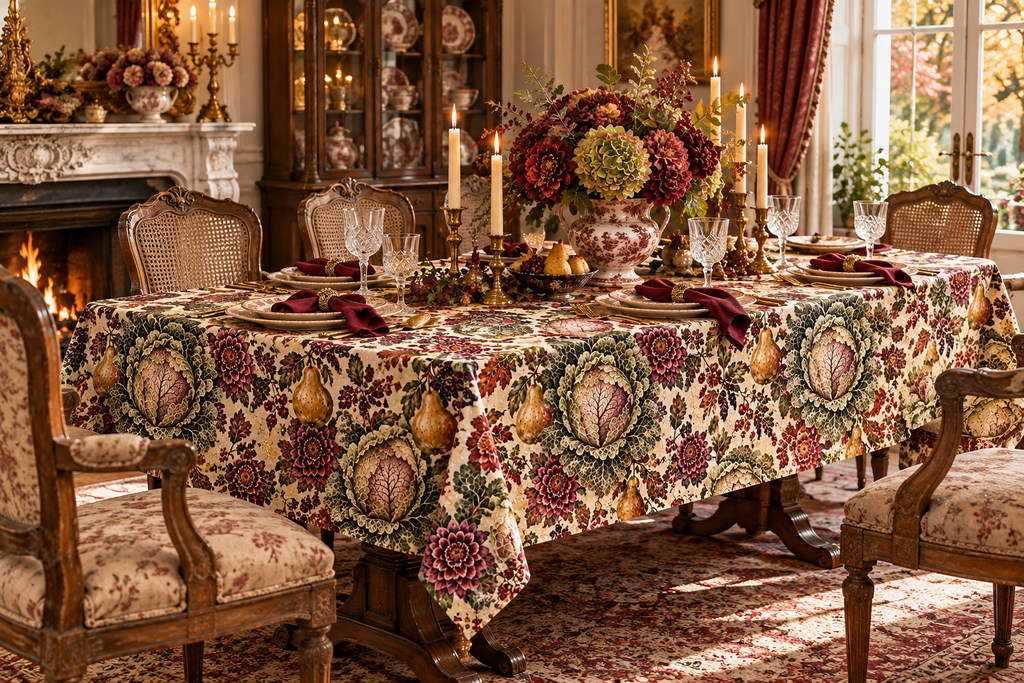 Victorian Cabbage Pear Garden Tablecloth, Burgundy Floral Botanical French Country Dining Table Linen Square Rectangle