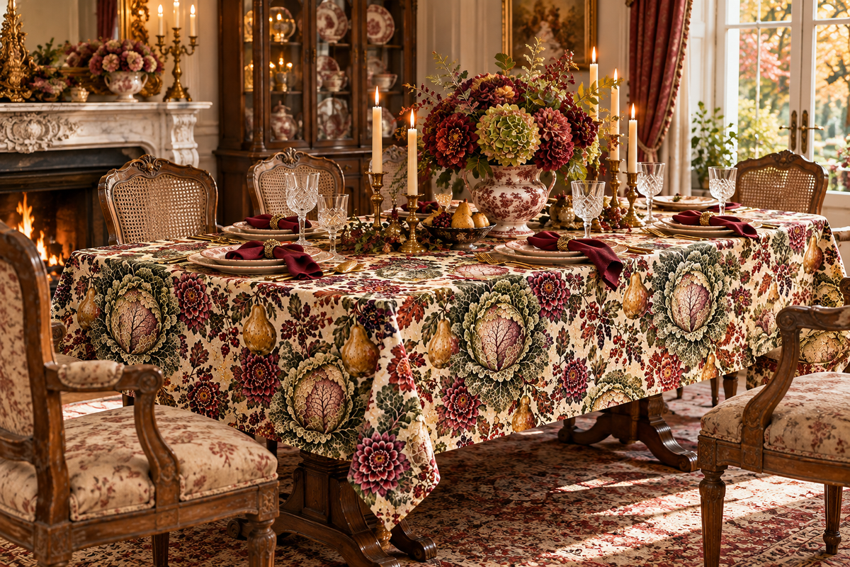 Victorian Cabbage Pear Garden Tablecloth, Burgundy Floral Botanical French Country Dining Table Linen Square Rectangle