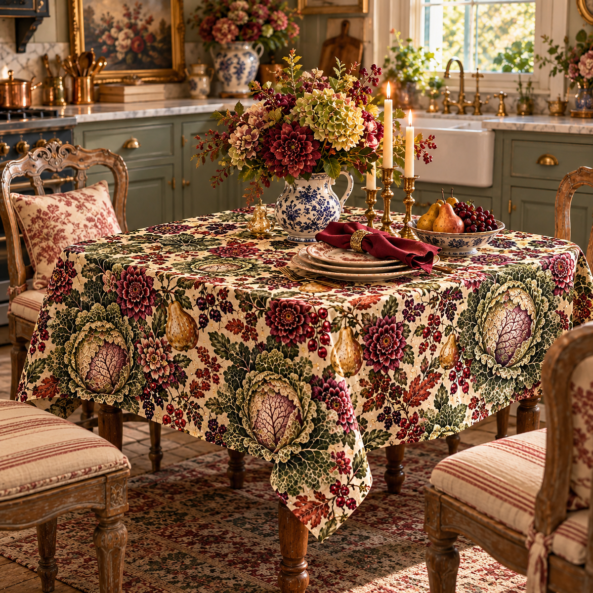 Victorian Cabbage Pear Garden Tablecloth, Burgundy Floral Botanical French Country Dining Table Linen Square Rectangle