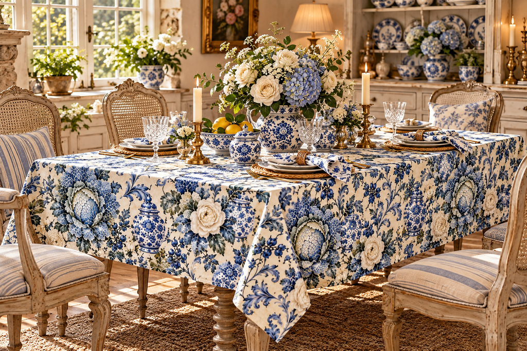 Blue White Cabbage Chinoiserie Tablecloth – Ivory French Country Floral Ginger Jar Botanical Dining Table Linen Square Rectangle