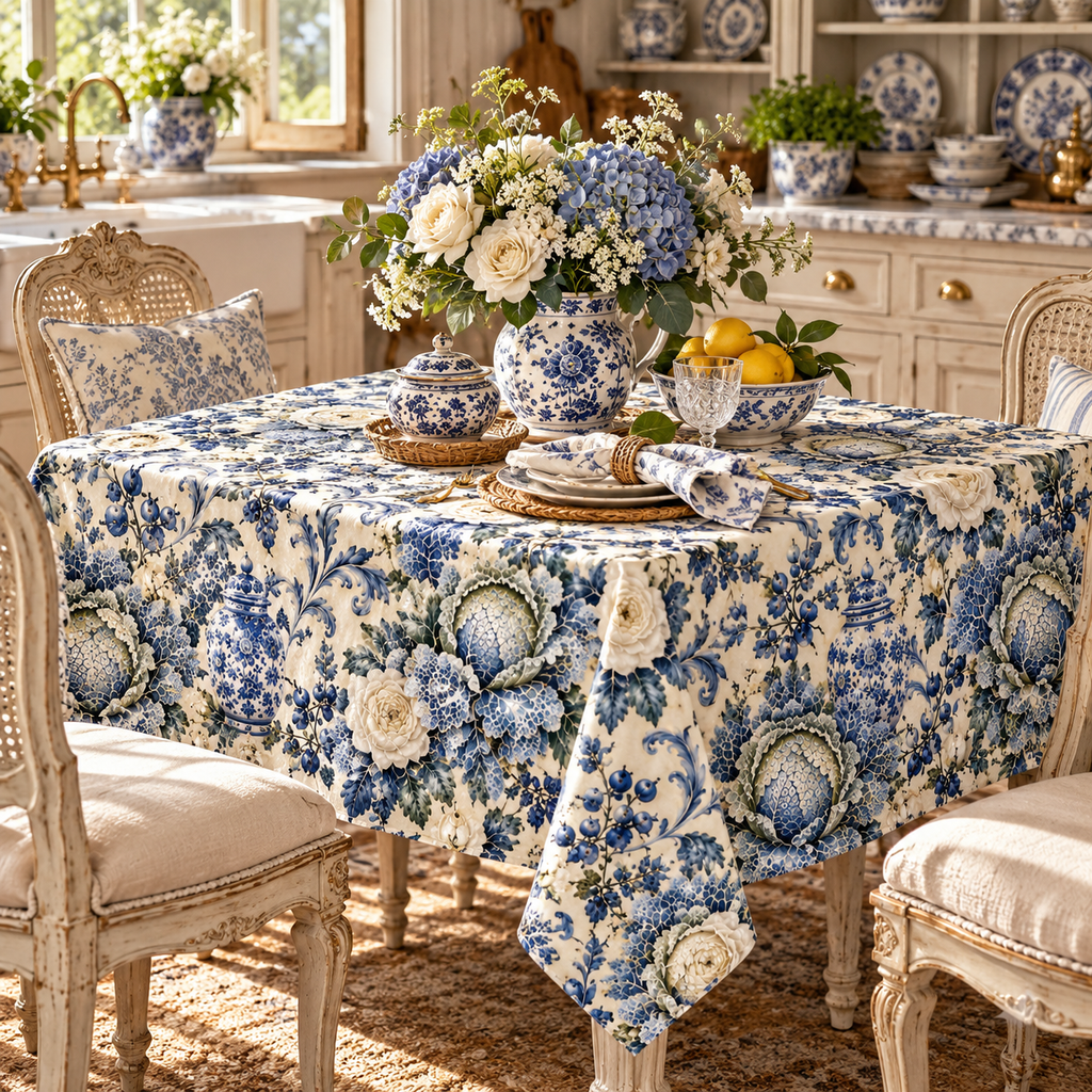 Blue White Cabbage Chinoiserie Tablecloth – Ivory French Country Floral Ginger Jar Botanical Dining Table Linen Square Rectangle