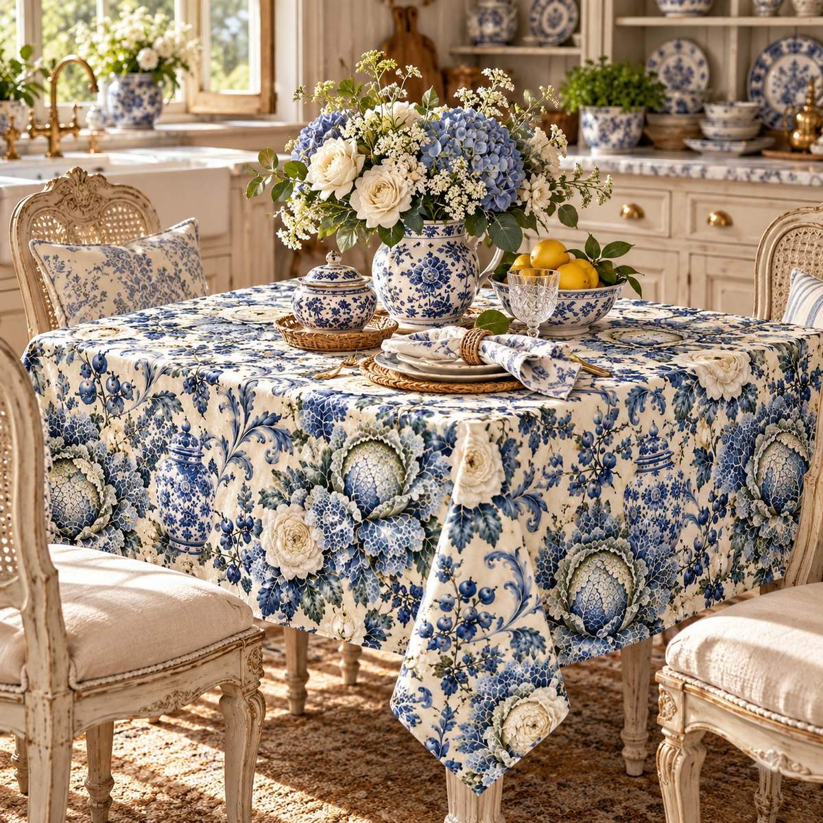 Blue White Cabbage Chinoiserie Tablecloth – Ivory French Country Floral Ginger Jar Botanical Dining Table Linen Square Rectangle