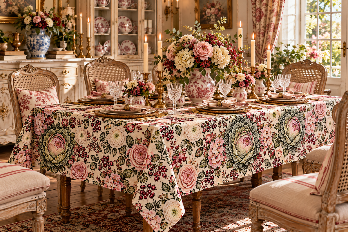 Blush Pink Sage Cabbage Rose Garden Tablecloth – Square Rectangle French Country Floral Botanical Shabby Chic Dining Table Linen