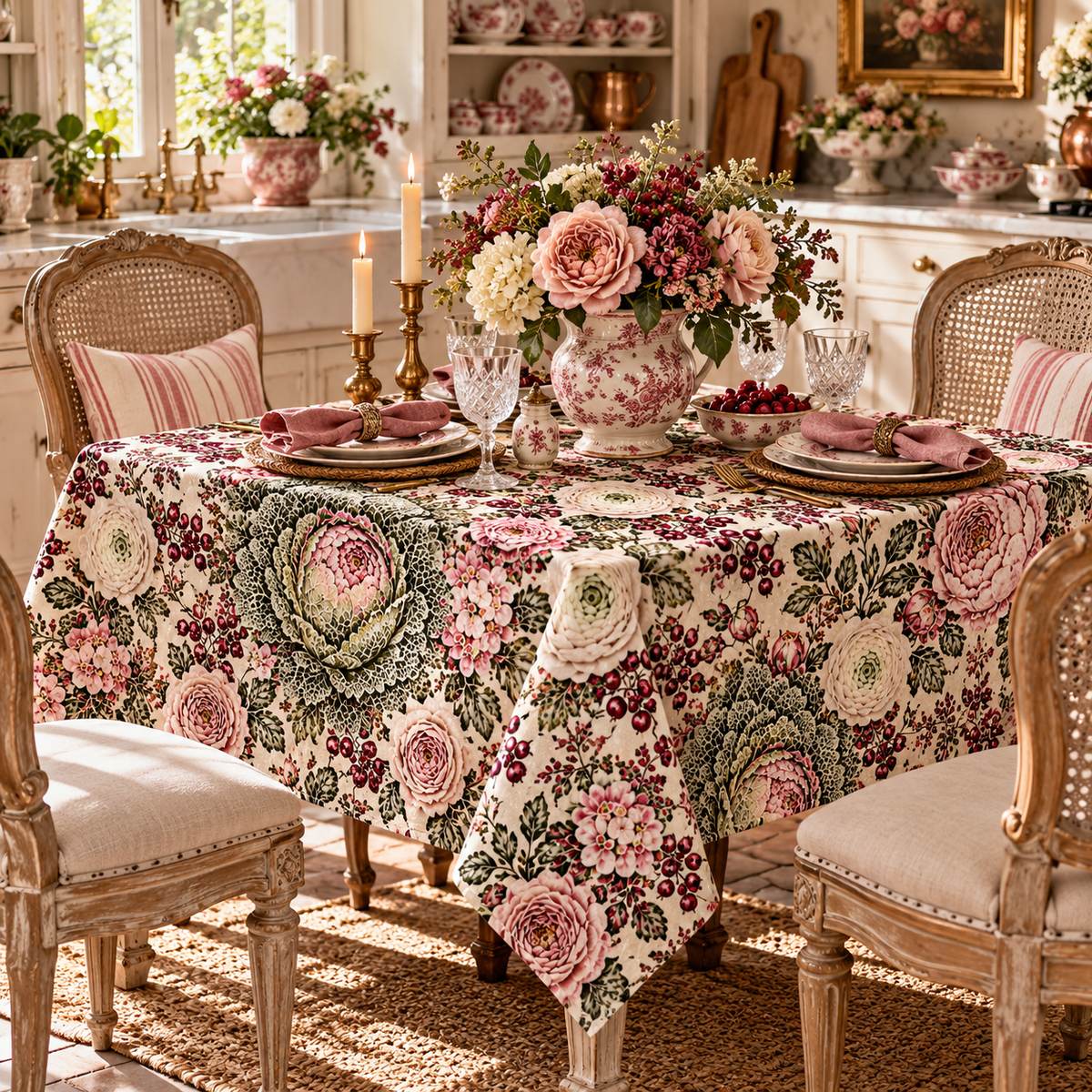 Blush Pink Sage Cabbage Rose Garden Tablecloth – Square Rectangle French Country Floral Botanical Shabby Chic Dining Table Linen