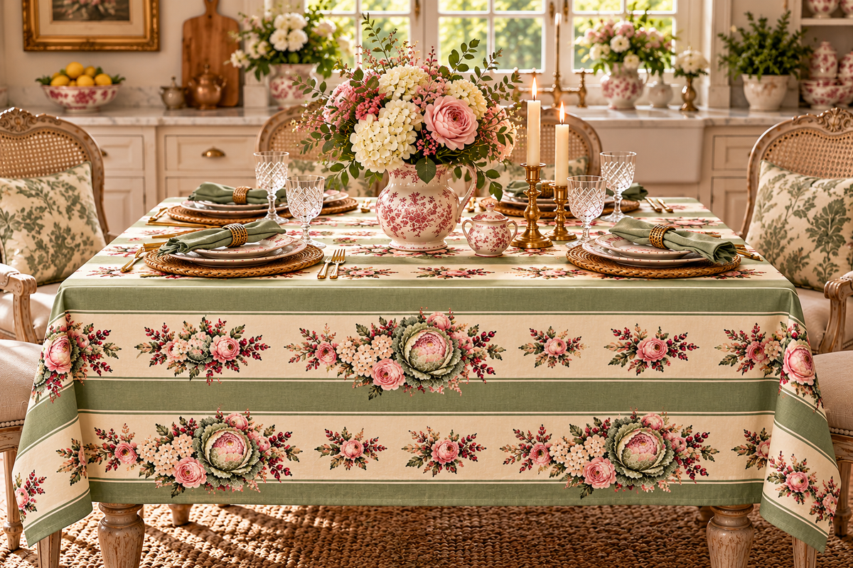 Vintage Cabbages Roses Floral Stripe Tablecloth, Square Rectangle Cottagecore Sage Green Blush Pink Shabby Chic Dining Linen