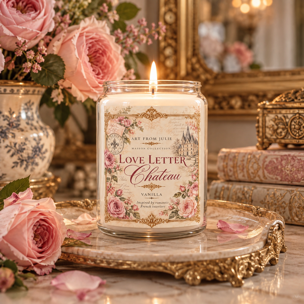 Vanilla 'Love Letter Chateau' Scented Soy Candle — 13.75oz Pink Rose Castle Decor