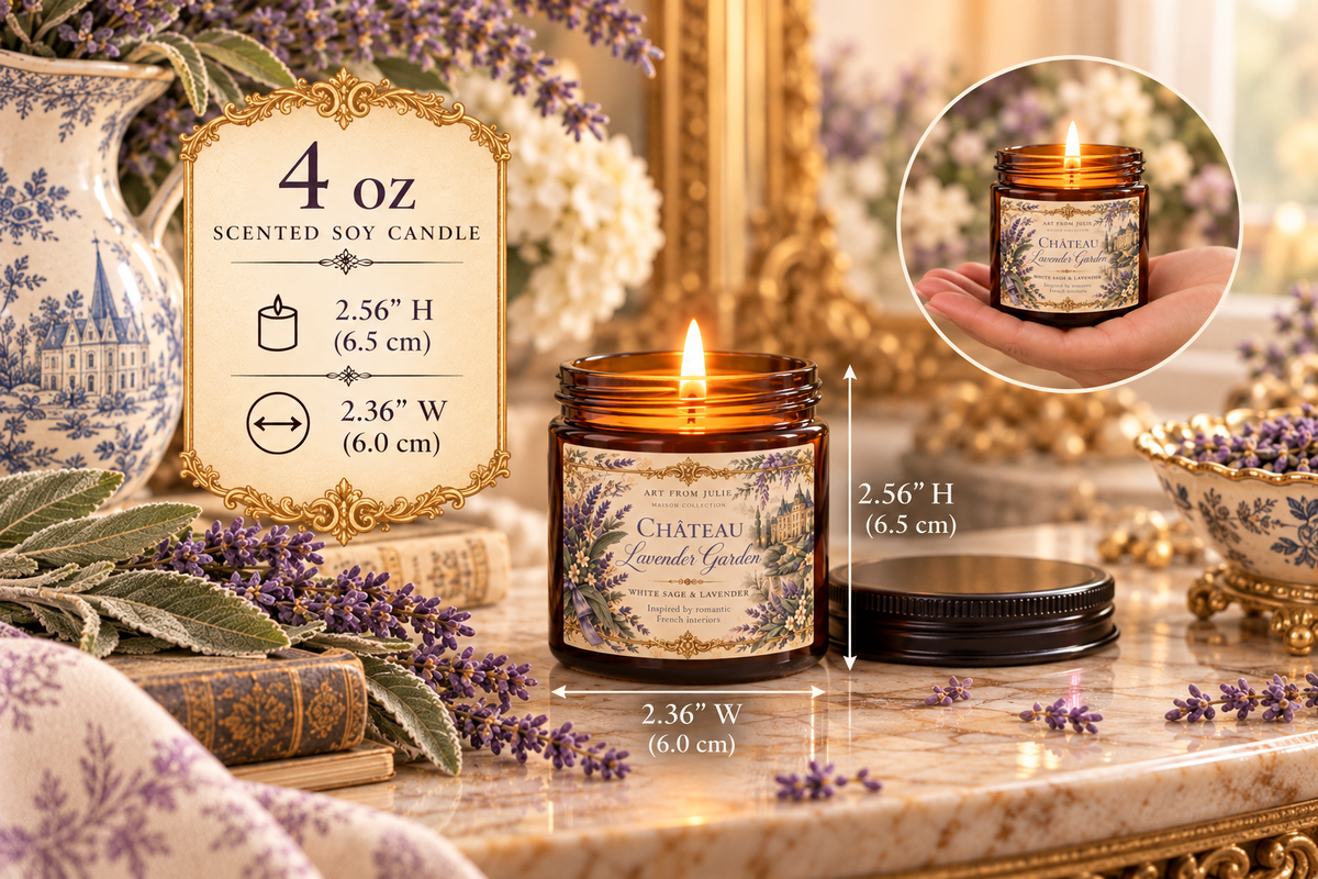 Château Lavender Garden Candle, White Sage Lavender Scented Soy Candle in Amber Jar, French Country Chateaucore Home Décor Gift
