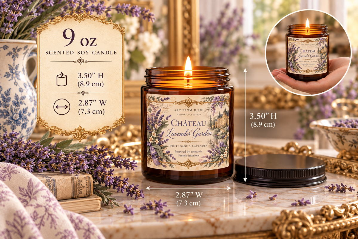 Château Lavender Garden Candle, White Sage Lavender Scented Soy Candle in Amber Jar, French Country Chateaucore Home Décor Gift
