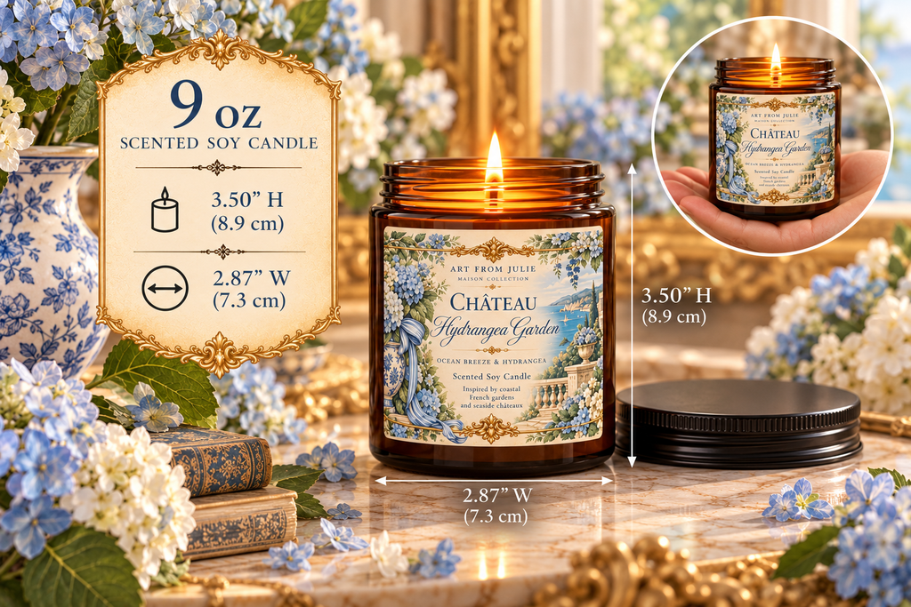 Château Hydrangea Garden Candle 9 oz, Ocean Water Scented Soy Candle in Amber Jar, French Country Chateaucore Home Décor