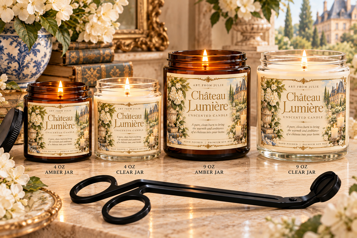 Château Lumière Unscented Candle Gift Set – French Country Soy Candle with Matte Black Wick Trimmer Amber Jar