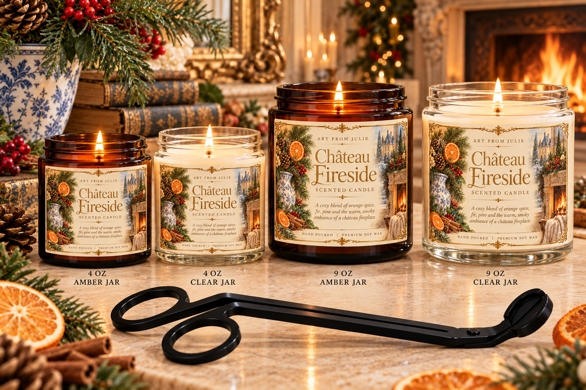 Château Fireside Candle Gift Set, Orange Spice, Fir & Pine Scented Candle with Matte Black Wick Trimmer, French Country Home Fragrance