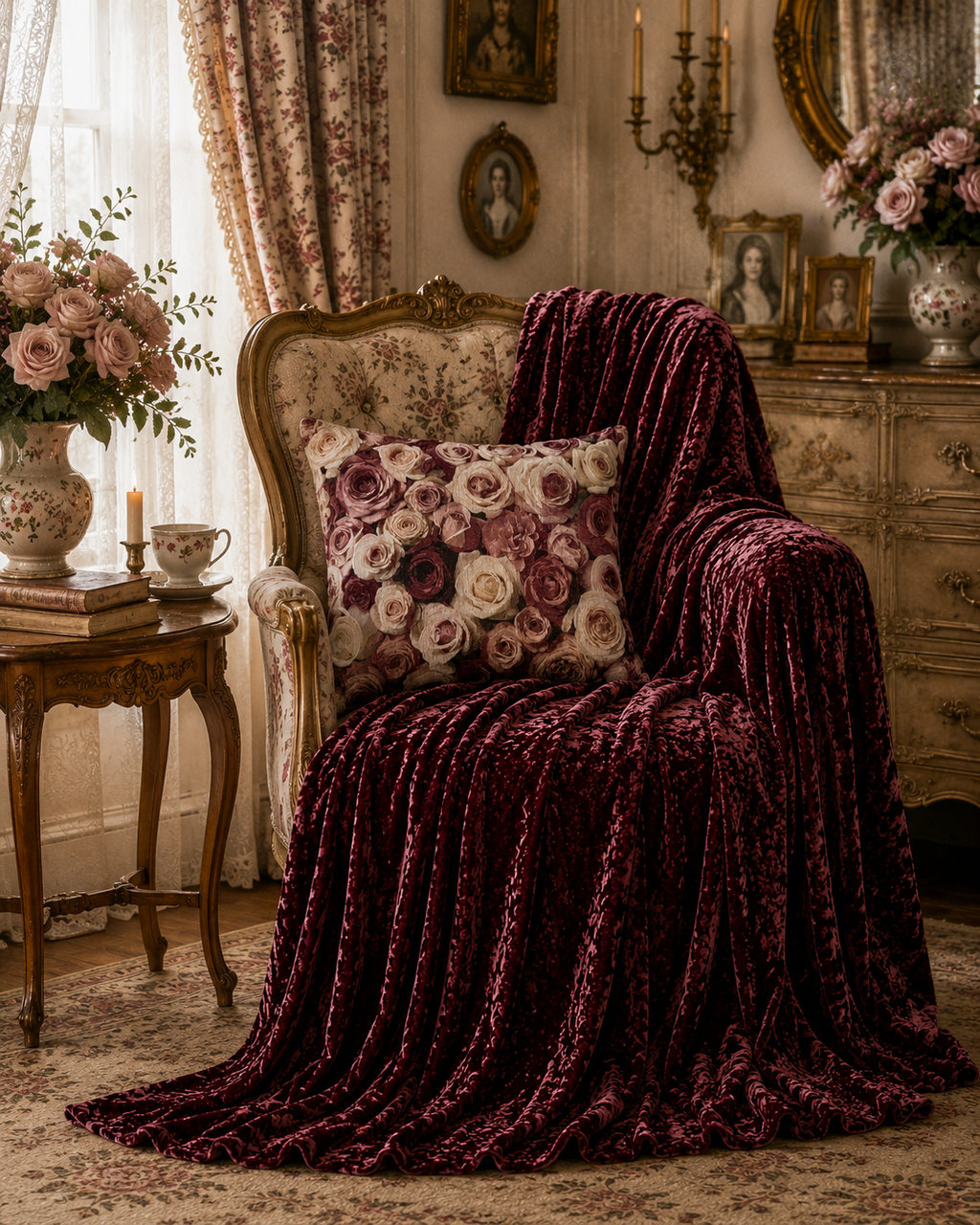 Burgundy Crushed Velvet Throw Blanket | Layering Wine Rococo Accent, Shabby Chic Decor, Romantic Chateaucore Wedding Home Gift