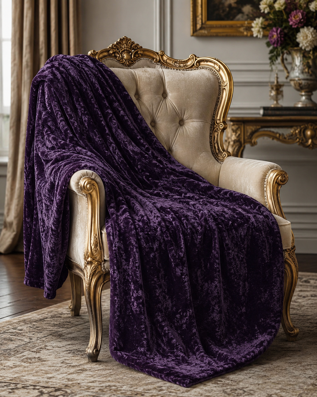 Deep Dark Purple Crushed Velvet Throw Blanket | Layering Royal Rococo Accent, Shabby Chic Decor, Romantic Chateaucore Wedding Home Gift