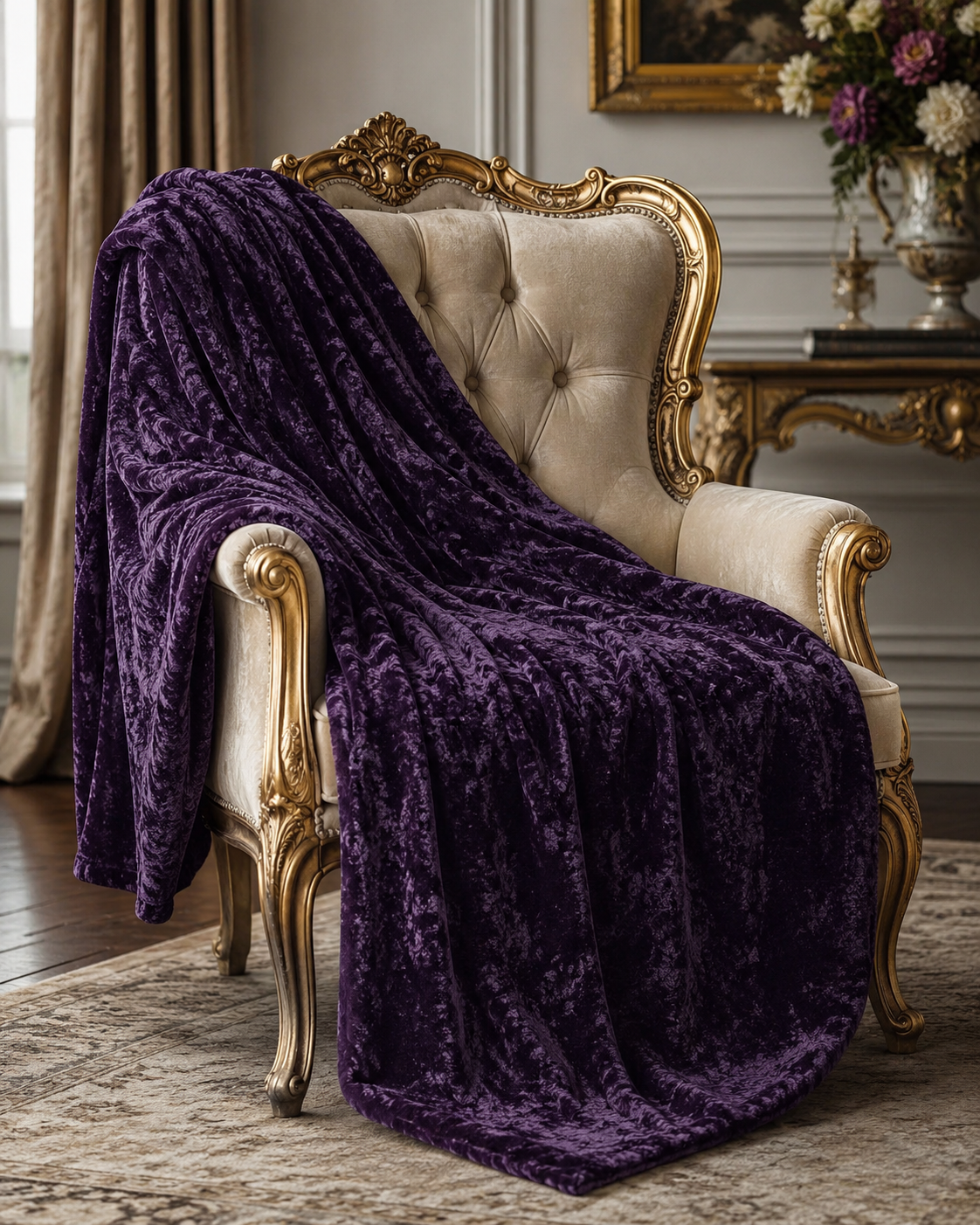 Deep Dark Purple Crushed Velvet Throw Blanket | Layering Royal Rococo Accent, Shabby Chic Decor, Romantic Chateaucore Wedding Home Gift