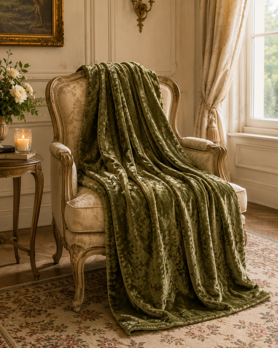 Luxury Olive Green Crushed Velvet Throw Blanket | Layering Wine Rococo Accent, Shabby Chic Decor, Romantic Chateaucore Wedding Home Gift