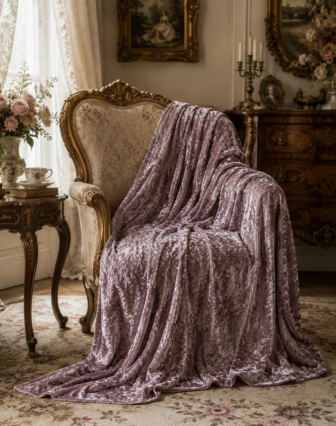 Muted Mauve Crushed Velvet Throw Blanket, Victorian Accent , Shabby Chic Wedding Bridal Gift Romantic Chateaucore Quilt