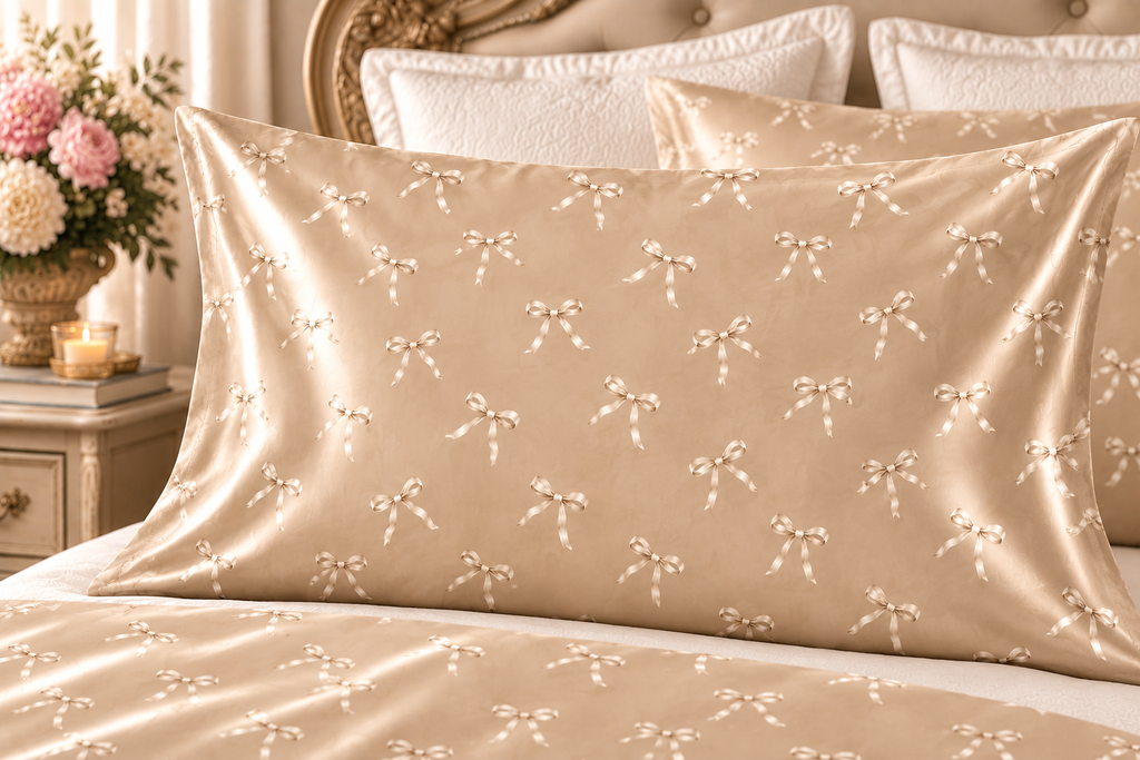 Champagne Petite Bow Satin Pillowcase – Elegant Coquette Pillow Cover, French Country Neutral Bedroom Decor