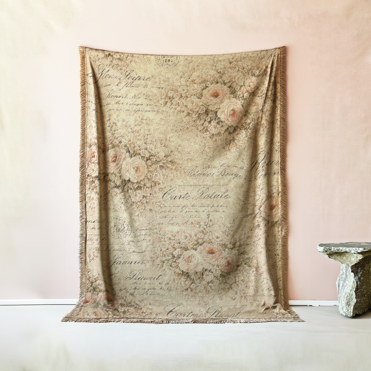 Pink Cream Roses French Script Floral Woven Throw Blanket, French Country Fringed Quilt, Victorian Shabby Chic Tapestry Decor
